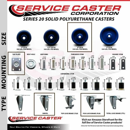 Service Caster 4'' Solid Poly Wheel Swivel Top Plate Caster Set Posi Brake, 4PK SCC-20S414-SPUS-PLB-4